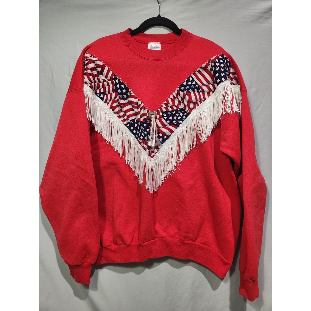 American Flag w Fringe Crewneck Pullover Sweatshirt Concho Red Sz XL Rockabilly
